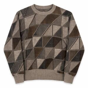 Grandpacore cozy VTG knit sweater geometric earthy taupe brown charcoal gray